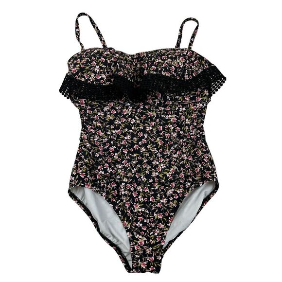 KONA SOL Black Floral One Piece Swimsuit Padded Ruffle Front Eyelit Sz M - Picture 1 of 10